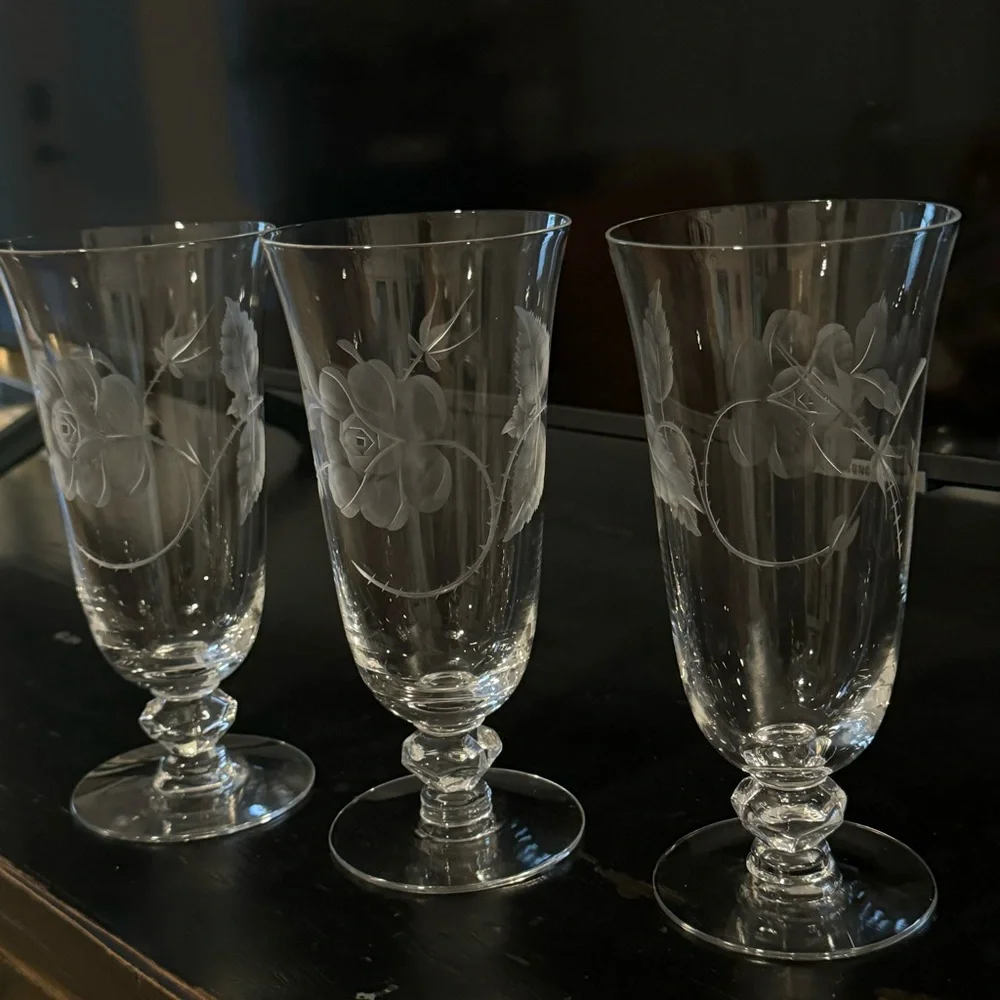 3/ Dolly Madison Rose by HEISEY Stem Iced Tea Footed Tumbler.